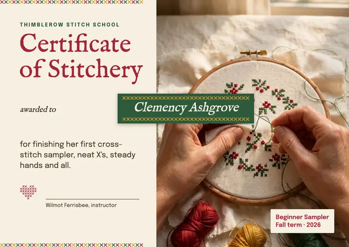 Cross-stitch class certificate template