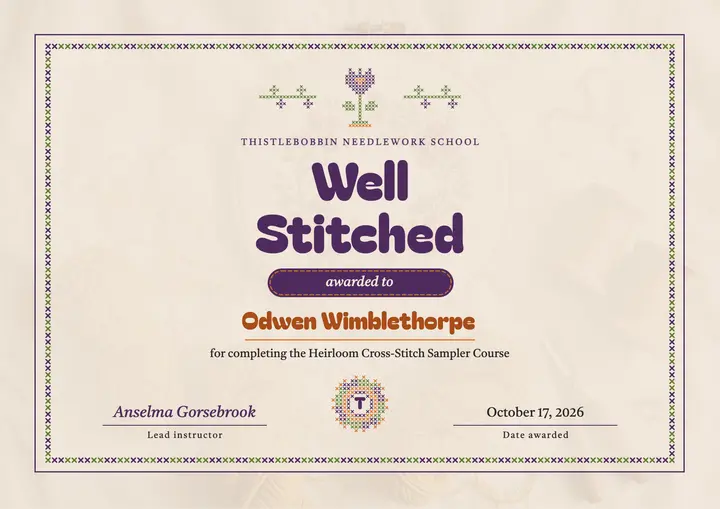 Well Stitched cross-stitch course certificate template
