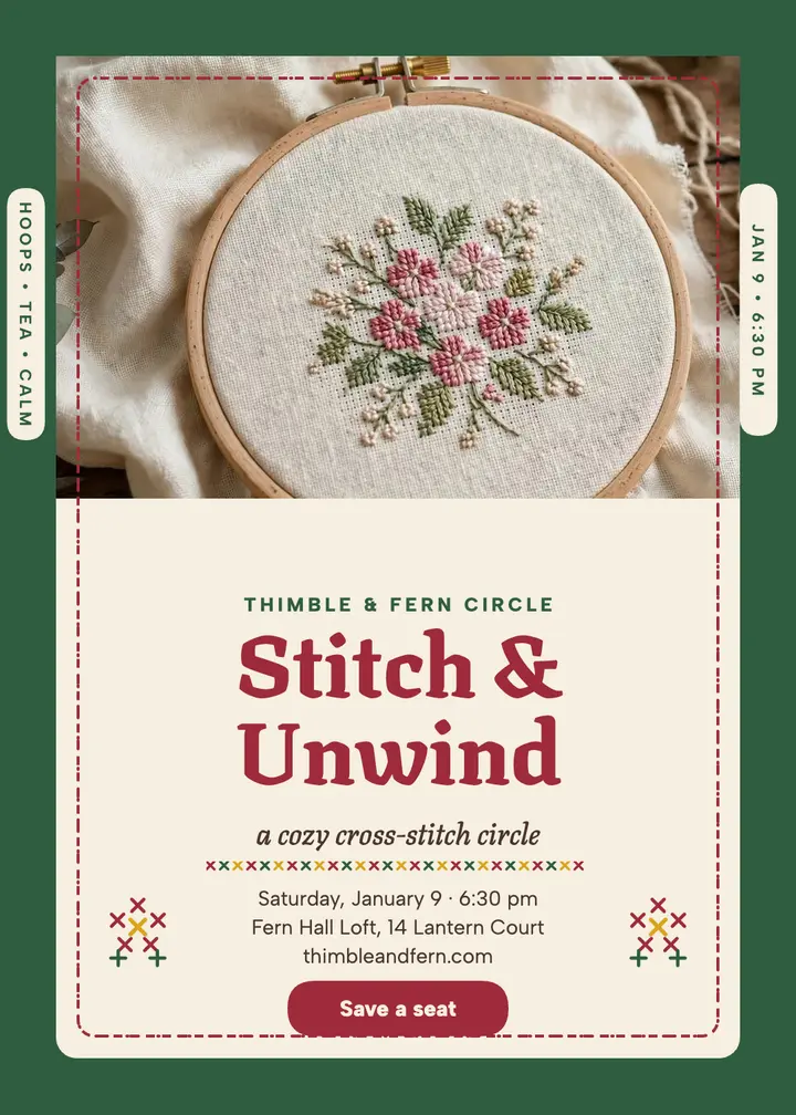 Thimble and Fern stitch circle invitation template