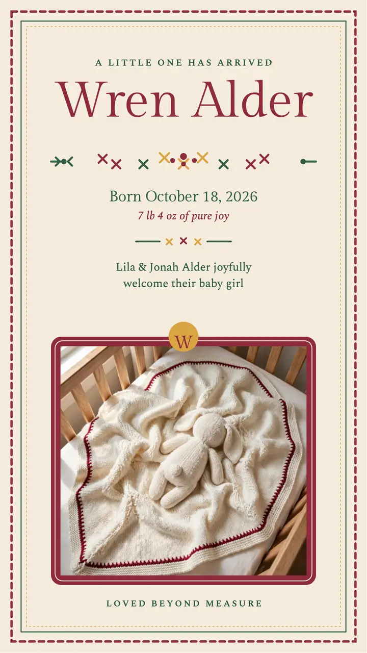 Wren Alder baby arrival cross-stitch story template
