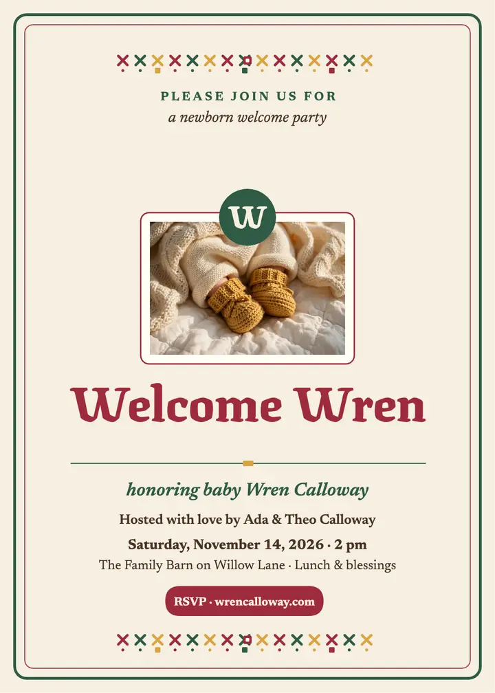 Wren newborn welcome cross-stitch invitation: newborn welcome invitation template