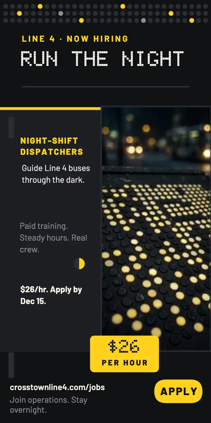 Crosstown Line night dispatch flip-dot ad template