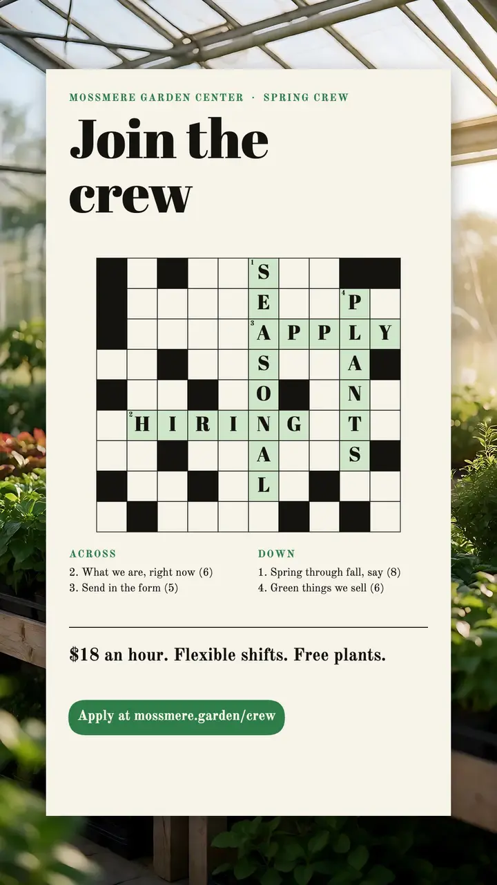 Mossmere Garden Center seasonal crew hiring crossword story: garden center hiring story template