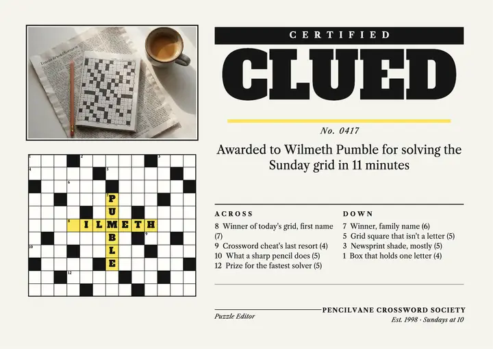 Pencilvane Crossword Society champion certificate template