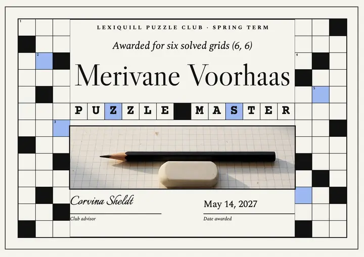 Puzzle master crossword club certificate: puzzle club certificate template