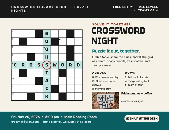 Crosswick crossword night library flyer template