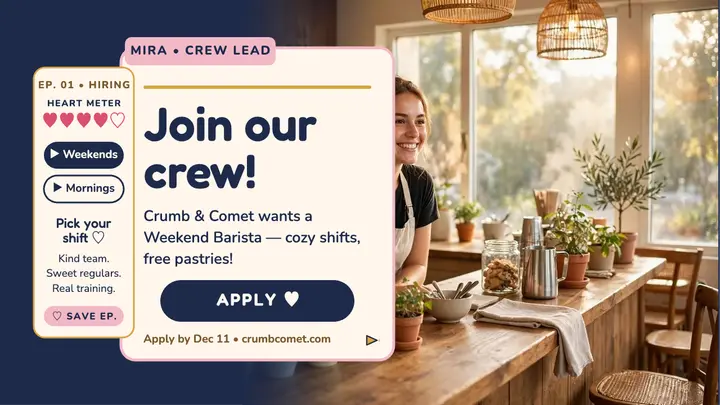 Crumb and Comet cafe crew hiring thumbnail template