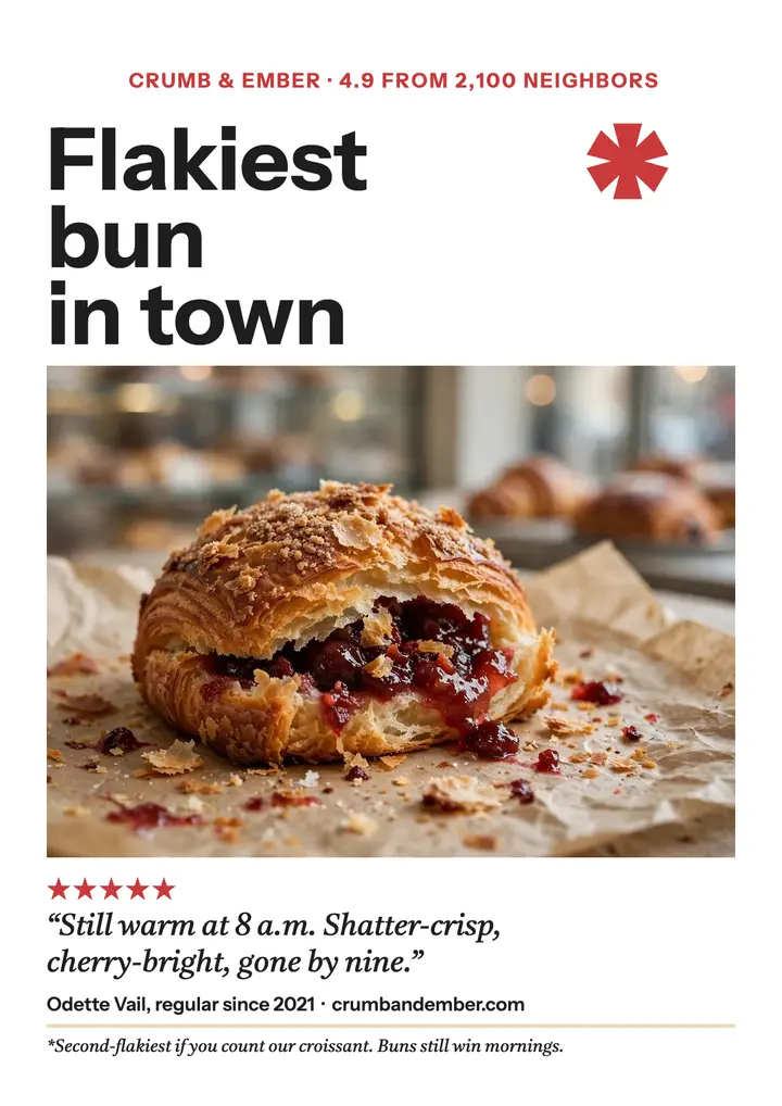 Crumb and Ember morning bun review flyer template