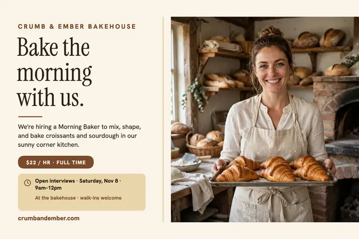 Crumb and Ember morning baker hiring flyer template