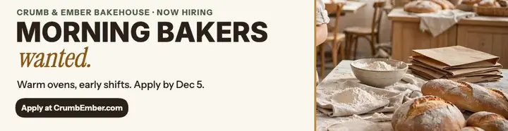 Crumb and Ember morning bakers hiring billboard template