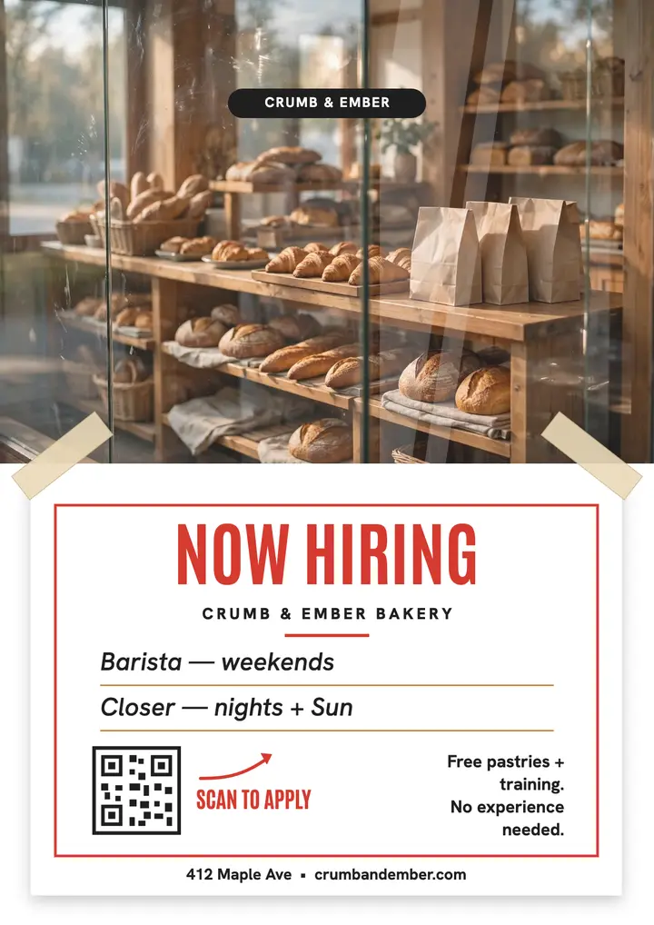 Crumb and Ember bakery hiring flyer template