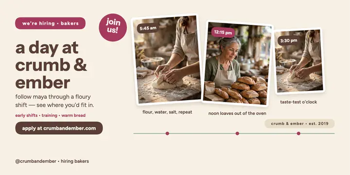 Crumb and Ember bakery day hiring post template