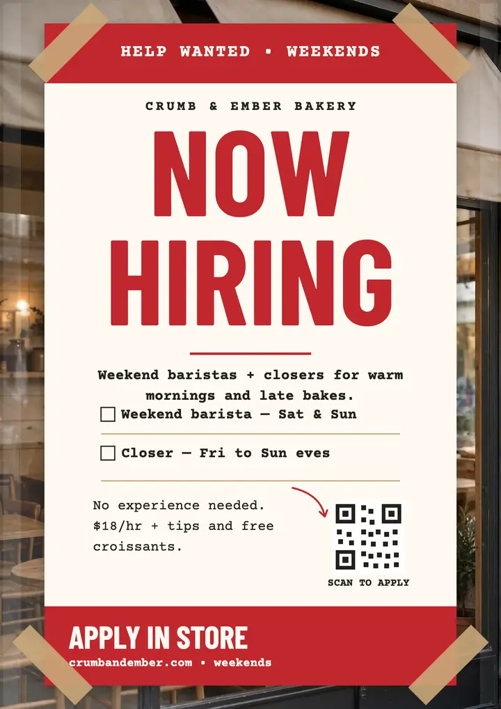 Crumb and Ember bakery hiring flyer: bakery hiring flyer template