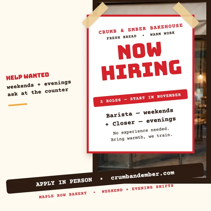 Crumb and Ember bakery hiring post template