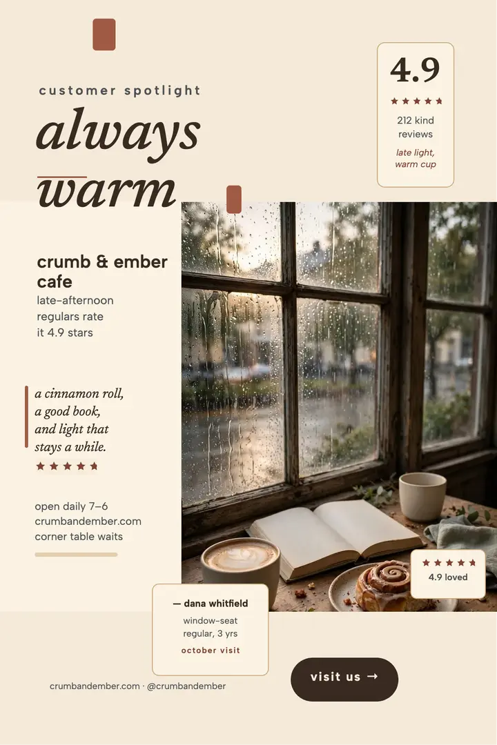 Crumb and Ember cafe review poster: cafe review poster template