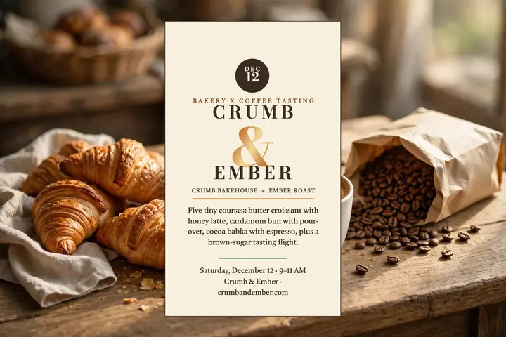 Crumb and Ember bakery coffee tasting postcard template