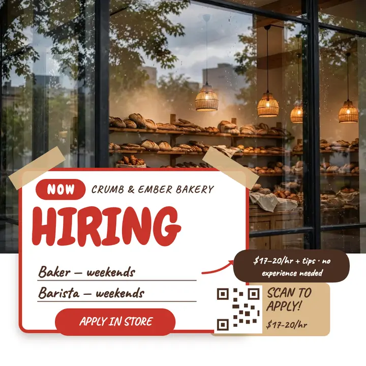 Crumb and Ember bakery hiring window post template