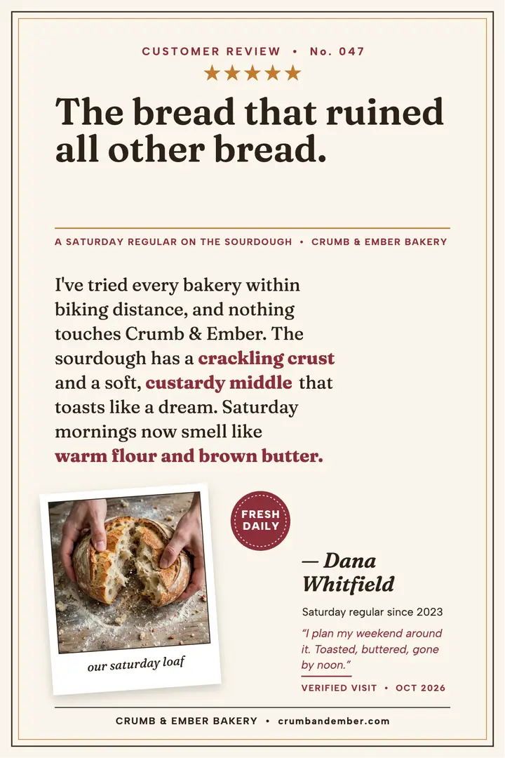 Crumb and Ember bakery review poster template