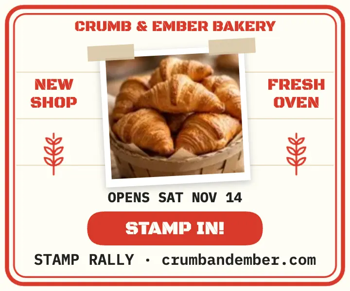 Crumb and Ember stamp rally bakery ad template