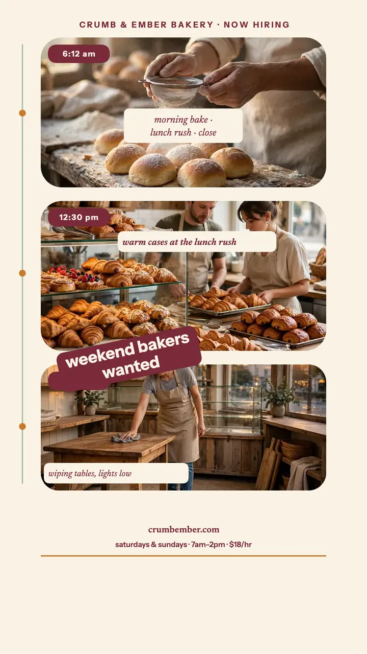 Crumb and Ember bakery day hiring story: bakery hiring story template