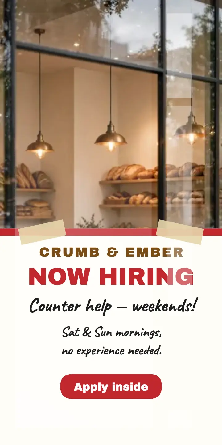 Crumb and Ember bakery hiring window card template