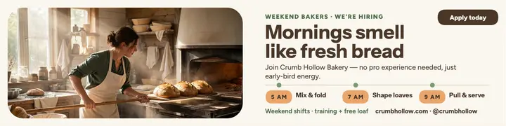 Crumb Hollow Bakery morning crew hiring banner template