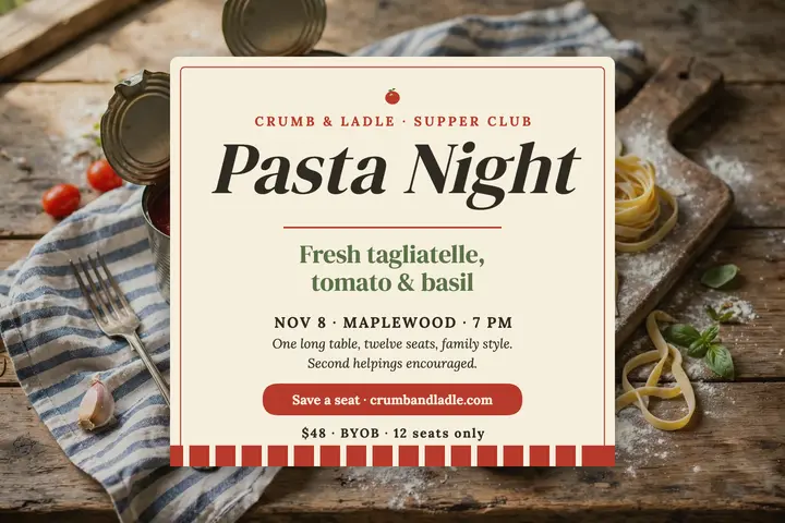 Crumb and Ladle pasta night postcard template