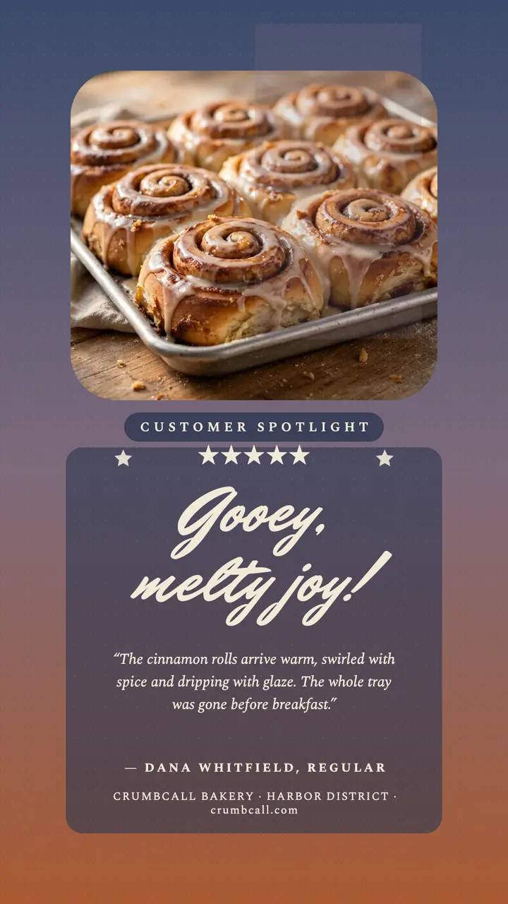 Crumbcall Bakery cinnamon roll review story: bakery review story template