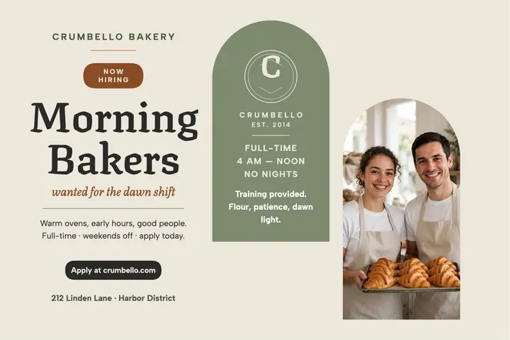 Crumbello morning bakers hiring postcard template
