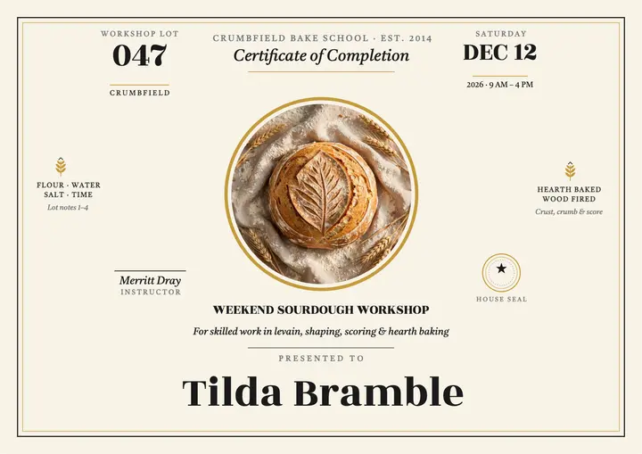 Crumbfield sourdough workshop certificate template
