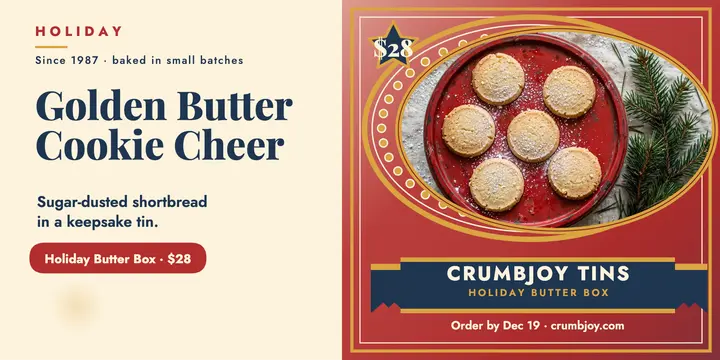 Crumbjoy holiday butter tin promo: cookie tin holiday promo template