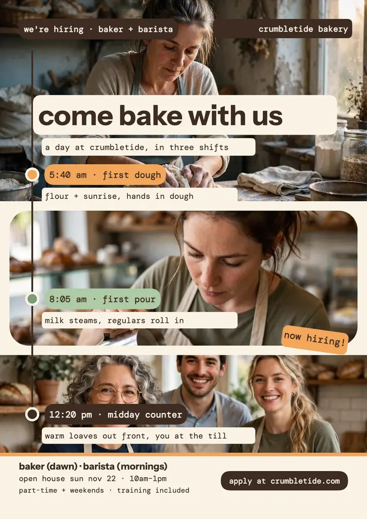 Crumbletide bakery day hiring flyer template