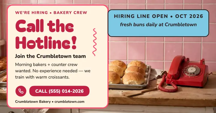 Crumbletown Bakery hiring hotline post template