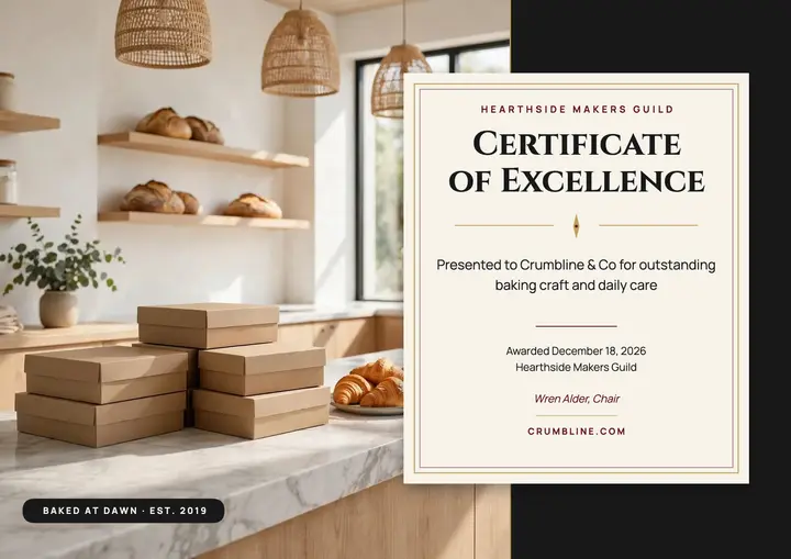 Crumbline bakery excellence certificate template