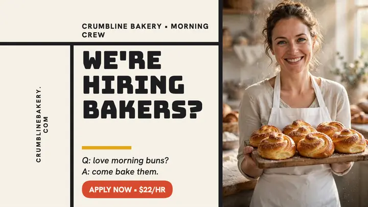 Crumbline Bakery hiring bakers thumbnail: bakery hiring thumbnail template