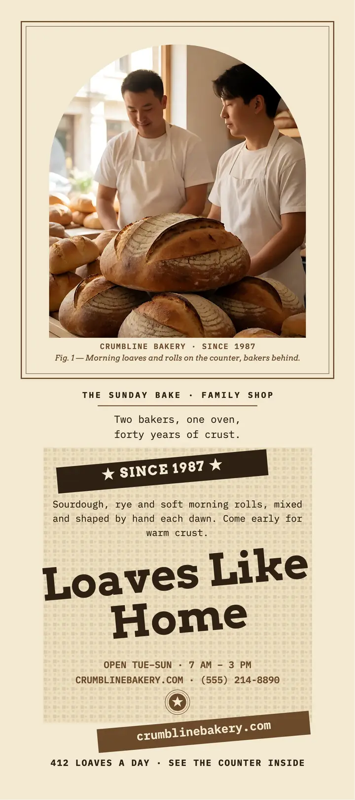 Crumbline Bakery sepia rack card: bakery rack card template
