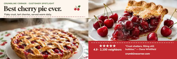 Crumbline Corner cherry pie review header: bakery review header template