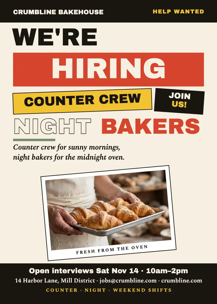 Crumbline Bakehouse crew hiring invitation template