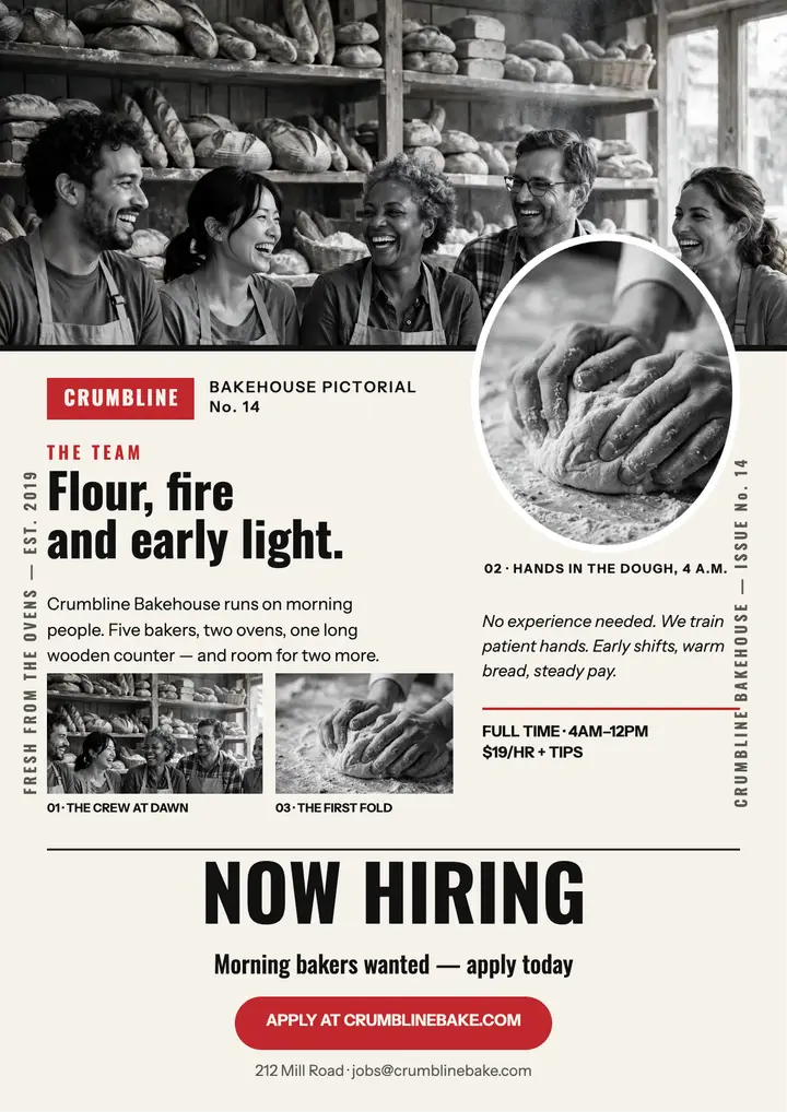 Crumbline Bakehouse hiring photo essay: bakery hiring flyer template