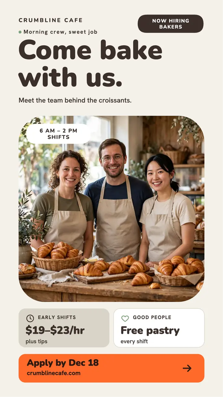 Crumbline Cafe hiring tiles story template