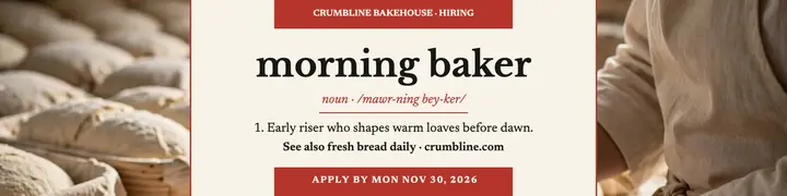 Crumbline Bakehouse morning baker hiring banner: bakery hiring banner template