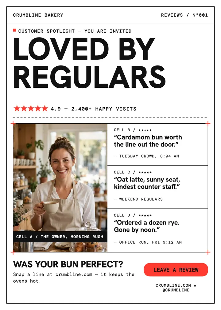 Crumbline Bakery review grid invite: customer review invite template