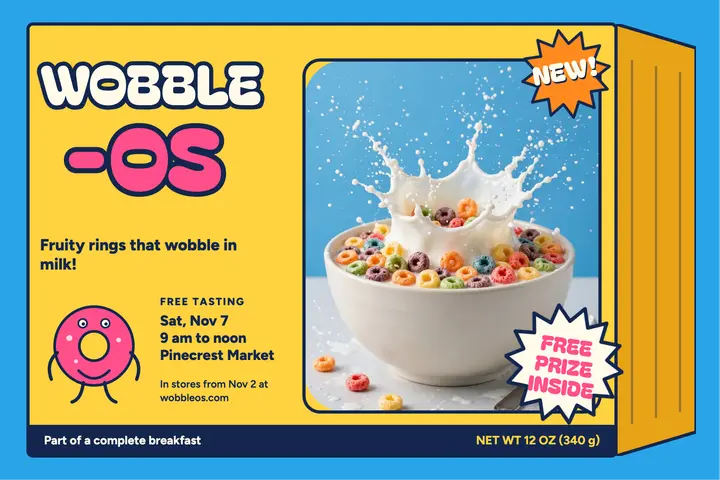 Wobble-Os cereal launch postcard template