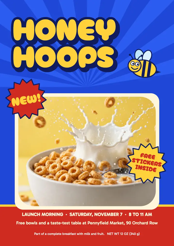 Honey Hoops cereal launch flyer template