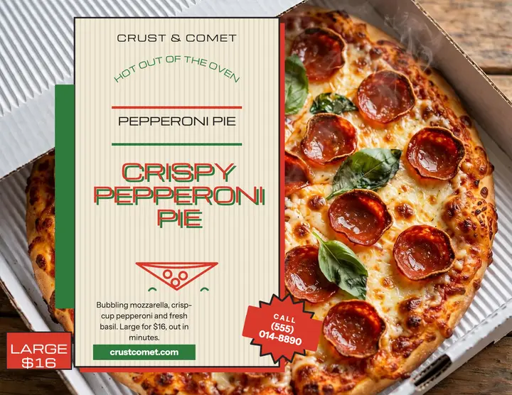 Crust and Comet pepperoni box lid flyer template