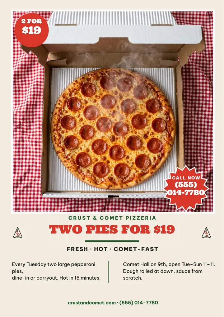 Crust and Comet pizzeria promo flyer template
