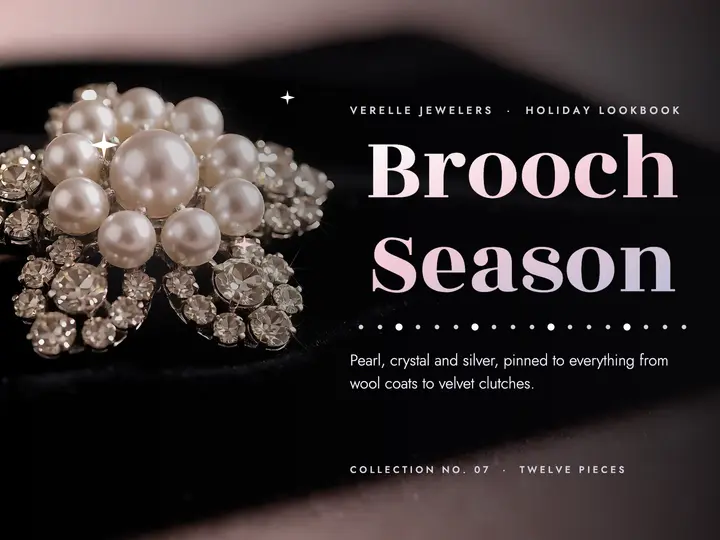 Verelle holiday brooch lookbook slide, bejeweled serif template