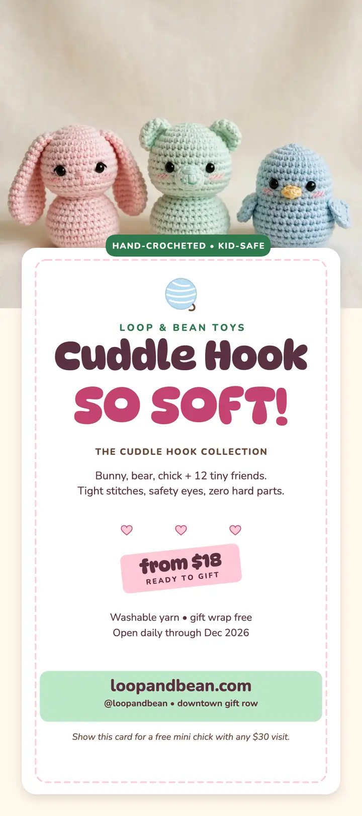 Loop and Bean crochet toys rack card template