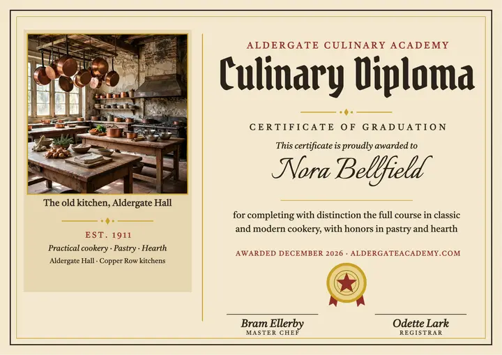 Aldergate culinary graduation certificate template