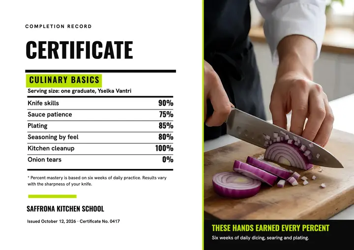 Culinary basics certificate, nutrition facts panel template